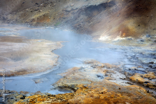 Krisuvik / Iceland - August 15, 2017: Geothermal manifestations in Krisuvik geothermal area, Iceland, Europe
