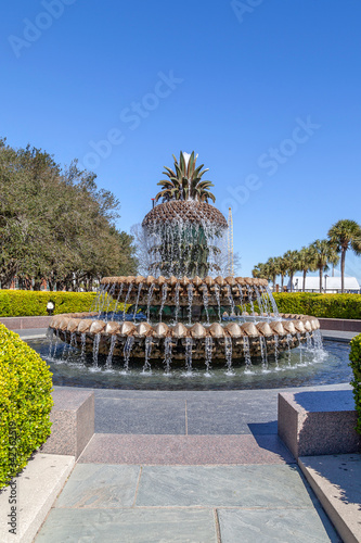 Charleston, South Carolina, USA - February 28, 2020: Pineapple Fountain at the Waterfront Park in Charleston, South Carolina, USA. Pineapple Fountain is a focal point in the park. 
