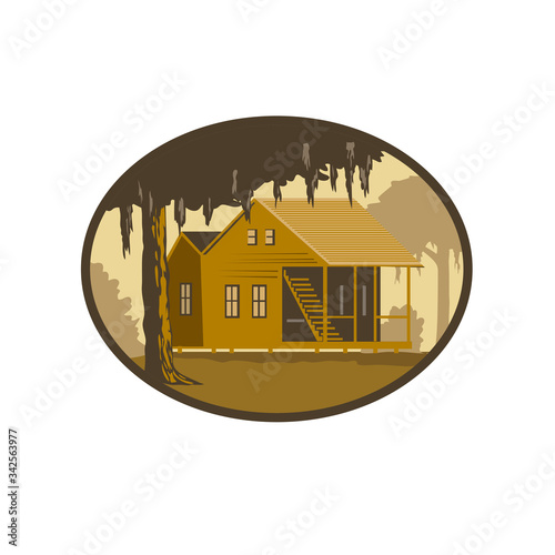 Retro wpa style illustration of a typical Cajun house, a country French architecture found in Louisiana and across the American southeast, maritime Canadian areas set in oval on isolated background. photo