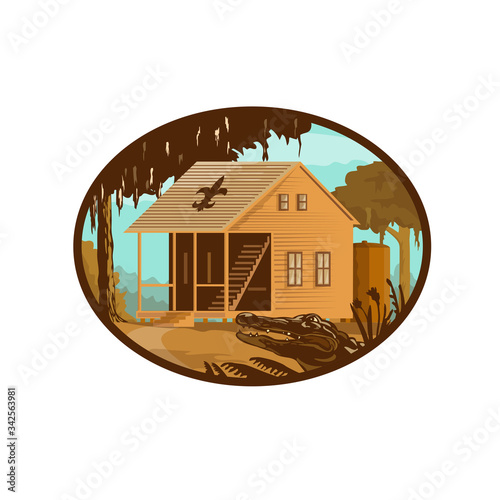 Retro wpa style illustration of a typical Cajun house, a country French architecture found in Louisiana and across the American southeast and alligator or gator set inside oval on isolated background.