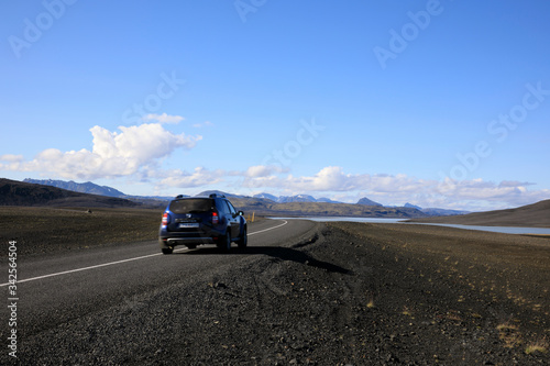 Iceland - August 26  2017  A car on the main road in Iceland called ring road  Iceland  Europe