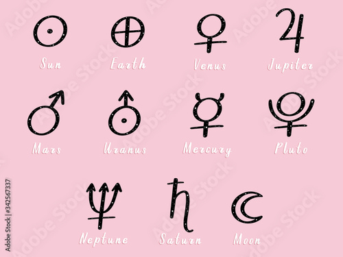 Vector set of zodiac and astrology symbols of planets on pink background
