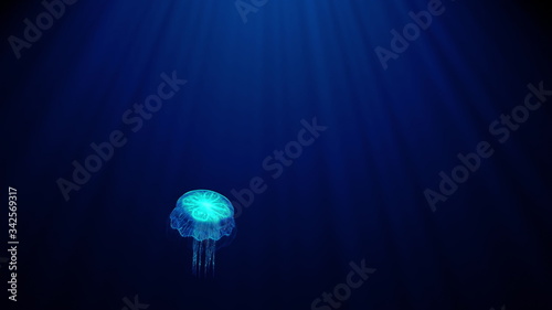 luminous transparent jellyfish slowly floats deep under water in the rays of light. bioluminescent pattern on the body shimmers with all the colors of the rainbow 3d render uhd 4k 3840 2160