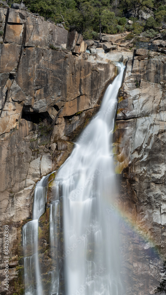 View of Feather Falls from the Trail lookout, Oroville, California, USA, featuring a rainbow