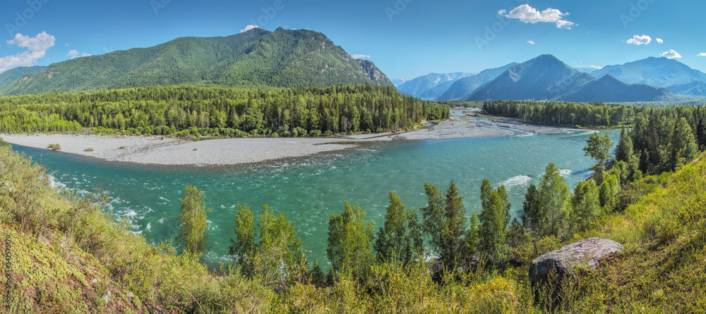 Panoramic view of the Katun river valley, Altai. Travel and vacation in the mountains.