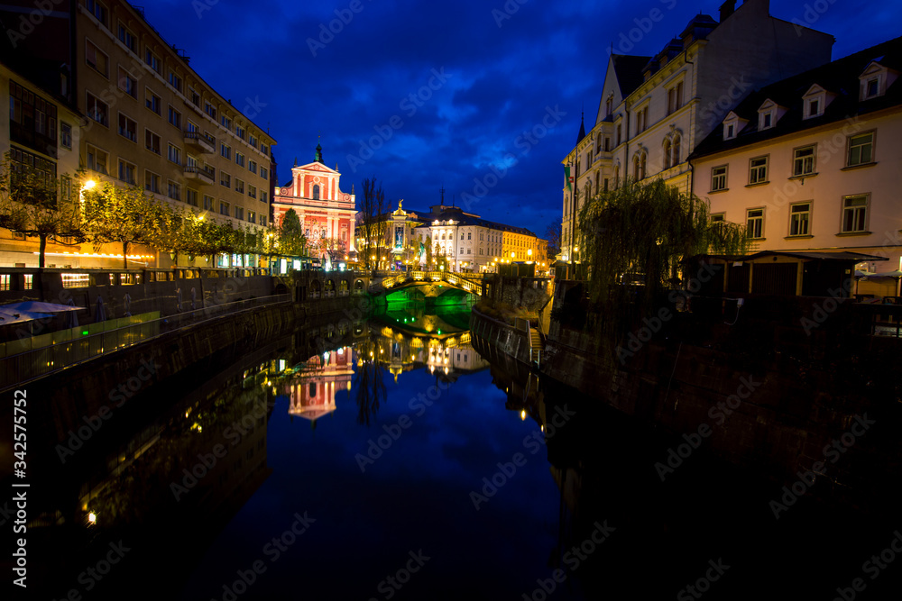 waterfront at night in Ljubljana 