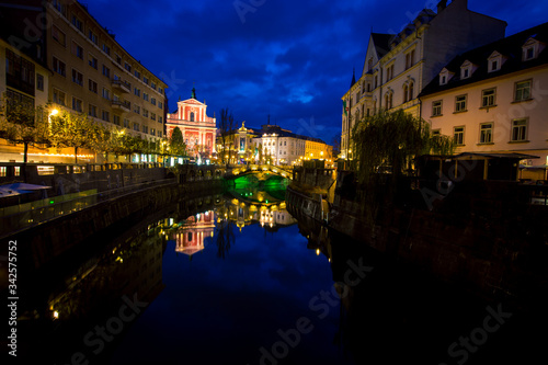 waterfront at night in Ljubljana 