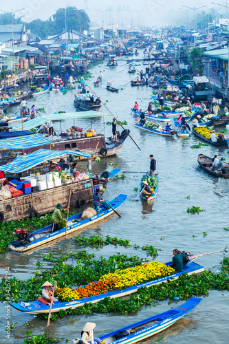 Photography Aerial view of Nga Nam floating market, Mekong delta, Soc Trang, Vietnam