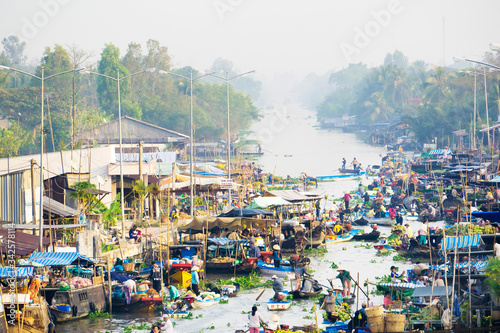 Aerial view of Nga Nam floating market, Mekong delta, Soc Trang, Vietnam. Sam...