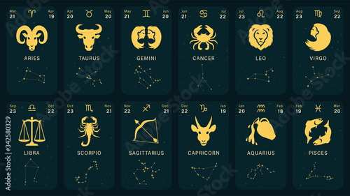Detailed flat vector illustration of zodiac horoscope cards with icons, dates, constellations and symbols. Feel free to use only parts of the illustration too.
