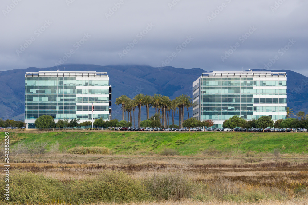 Modern office buildings on the shoreline of San Francisco bay, San Jose, California