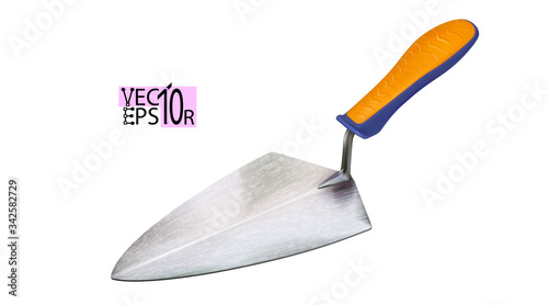 New realistic trowel for mortar and masonry work, isolated on white background. Construction tool with plastic handle. Vector illustration.