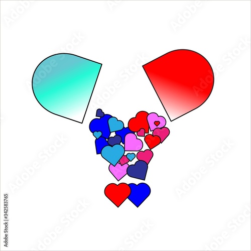 A set of capsule open up and flow with love heart blue and red gradient color on isolated white background. Concept for St. Valentine's Day pill with hearts, love tablet. Love pills couples.