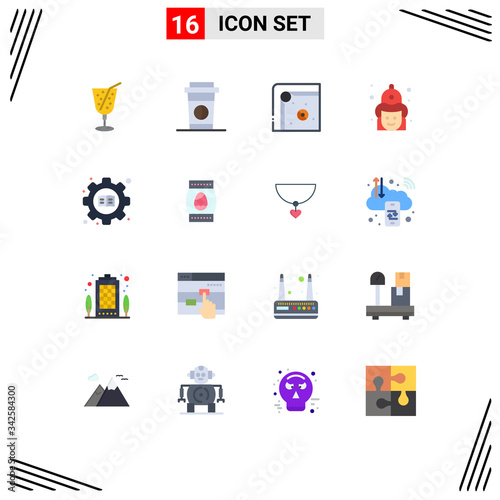 Modern Set of 16 Flat Colors Pictograph of setting, education, game, hat, fireman