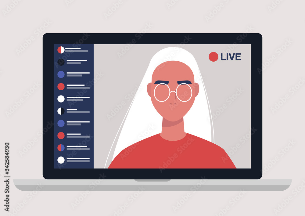 Young female blogger holding a live streaming online event, website interface Young female blogger holding a live streaming online event, website interface