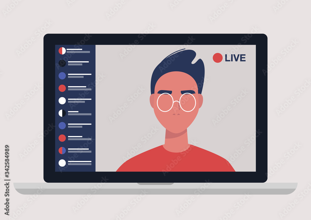 Young male blogger holding a live streaming online event, website interface Young male blogger holding a live streaming online event, website interface