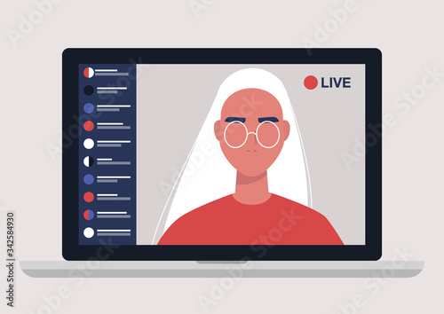 Young female blogger holding a live streaming online event, website interface