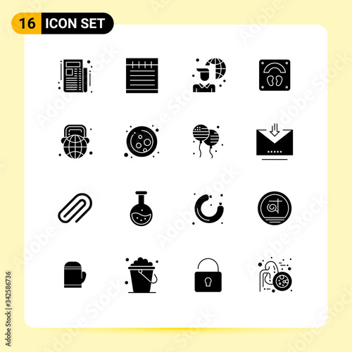 User Interface Pack of 16 Basic Solid Glyphs of world, globe, laptop, education, sports photo