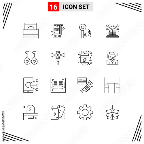 Stock Vector Icon Pack of 16 Line Signs and Symbols for heart, earing, internet, money, home mortgage photo