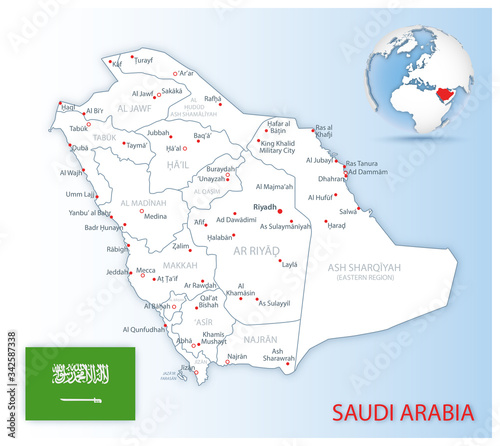 Detailed Saudi Arabia administrative map with country flag and location on a blue globe.