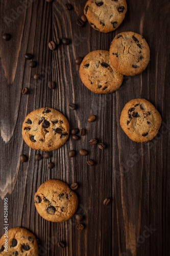 chocolate chip cookies on wooden table