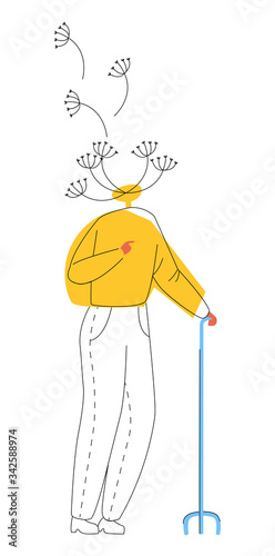 Vector flat illustration metaphor abstract elderly man in form of dandelion with flying seeds. Concept memory loss, cognitive impairment, Alzheimer s dementia. Lines and color are used.