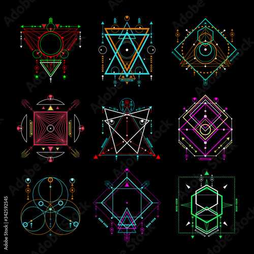Vector set of Modern sacred geometric symbols on black background. Abstract mystic signs collection. Colorful linear shapes. Can use for your design: tattoo, print, posters, t-shirts.