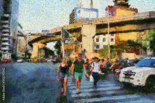 Landscape of city center intersection Illustrations creates an impressionist style of painting.