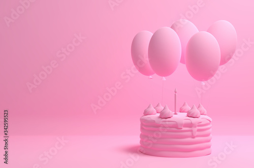 Monochrome pink image with a birthday cake and balloons on a solid background. 3D illustration