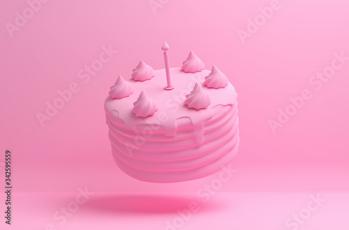 Monochrome pink image with a flying birthday cake on a solid background. 3D illustration