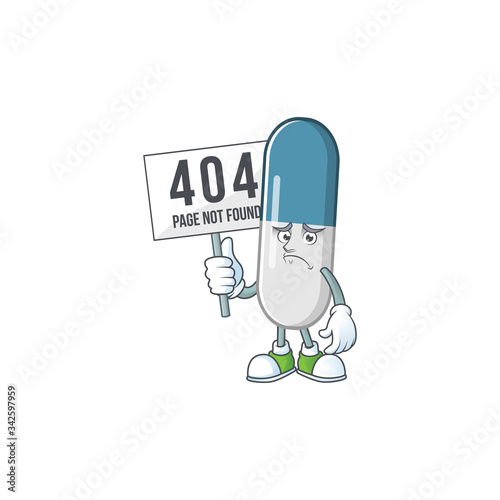 Sad face of vitamin pills cartoon character raised up 404 boards
