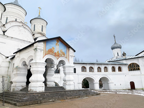 Spassky Cathedral and the transition to the ancient Russian cells in the Spaso-Prilutsky monastery in Vologda in winter. Russia