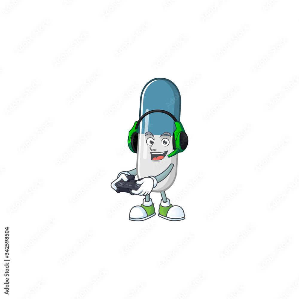 A cartoon design of vitamin pills talented gamer play with headphone and controller