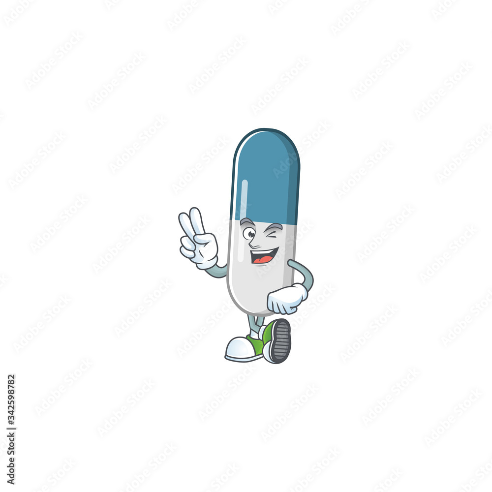 Cheerful vitamin pills mascot design with two fingers Cheerful vitamin pills mascot design with two fingers
