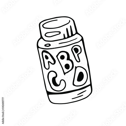 Vector illustration of vitamins in a box with a label and lid. An isolated image on a white background, can be used in printed materials, social networks for fitness bloggers, and dietologists.