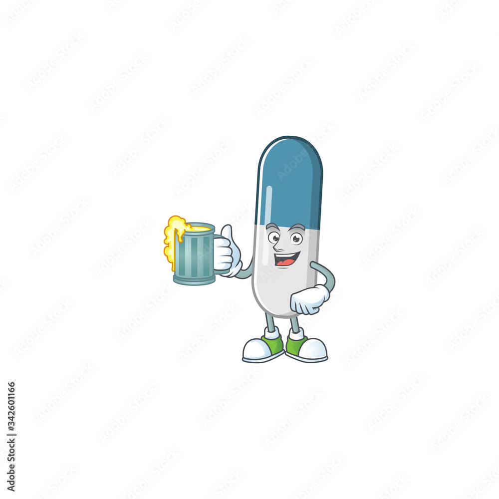 Happy vitamin pills mascot style toast with a glass of beer Happy vitamin pills mascot style toast with a glass of beer