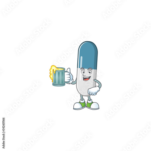 Happy vitamin pills mascot style toast with a glass of beer