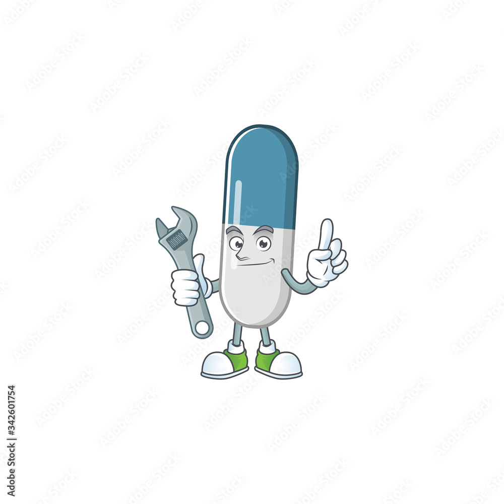 A mechanic vitamin pills mascot character fix a broken machine A mechanic vitamin pills mascot character fix a broken machine