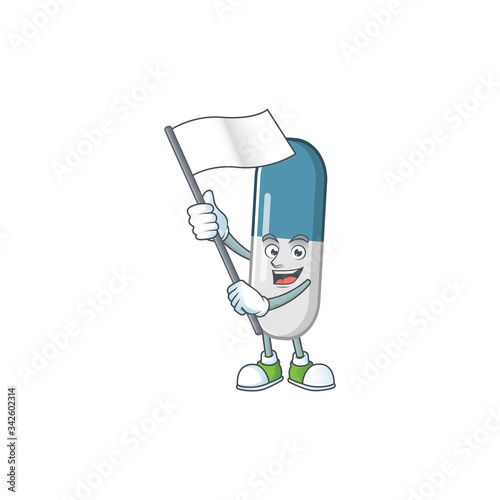 Cute cartoon character of vitamin pills holding white flag