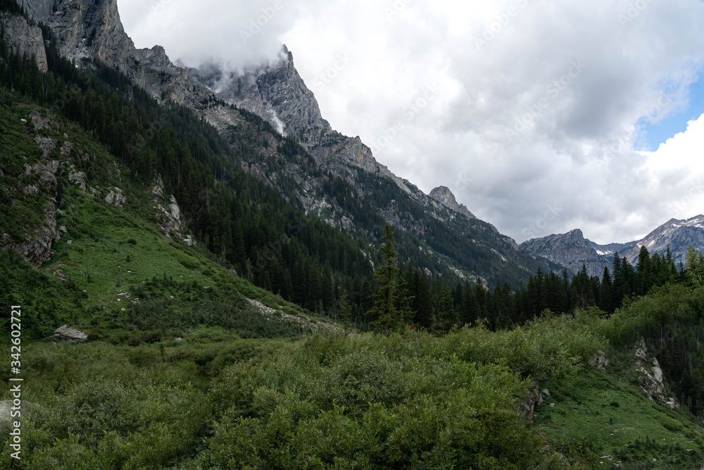 Grand mountains Grand Tetons in Wyoming. Mountain landscape with spring waters and mountain lakes. Blue sky. White clouds. Deep forest woods. 