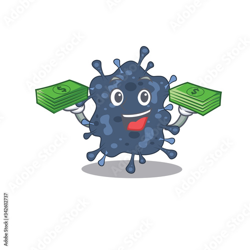 A wealthy bacteria neisseria cartoon character having money on hands