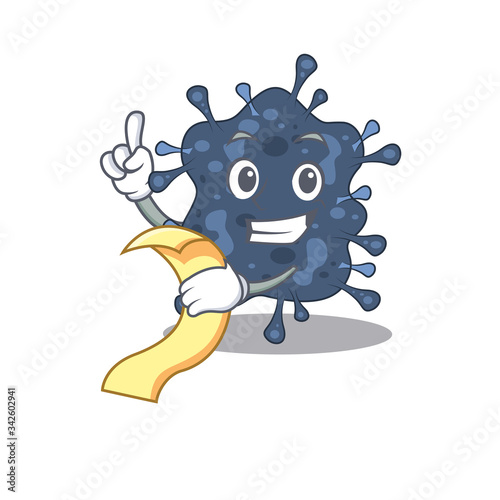 Bacteria neisseria mascot character design with a menu on his hand