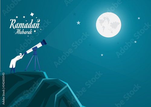 Muslim man looking sky with telescope to predict when ramadhan begin