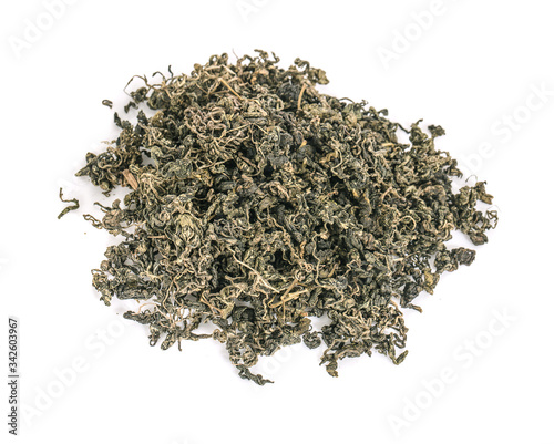 Oolong green leaf tea, high angle view isolated on white background
