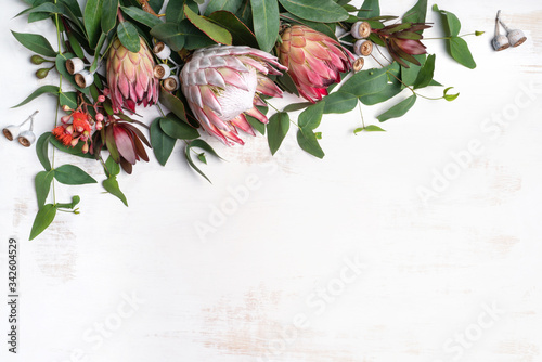 Beautiful pink king protea surrounded by  pink ice proteas, leucadendrons, eucalyptus leaves and flowering gum nuts, creating a floral border on a rustic white background. photo