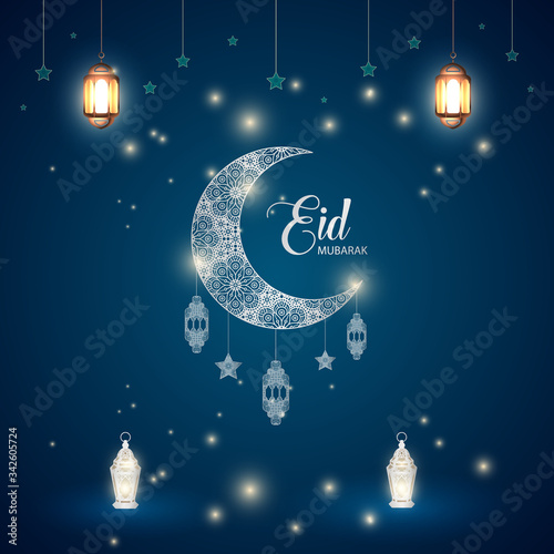 Eid Ul Fitr Mubarak Islamic Celebration. Ornament moon stars lantern background design vector