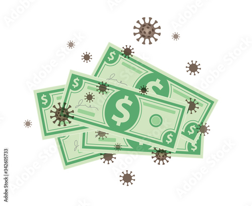 Dollar money contaminated with coronavirus covid-19 concept. Cash currency and corona virus cells.