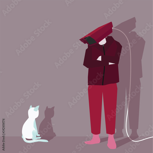Concept businessman avatar of CCTV camera. Standing side by side with the cat.