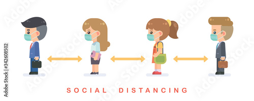Social distancing concept. The cute people wear the protective masks, standing in line and keeping distance to protect from COVID-19 Coronavirus. Vector flat design illustration.