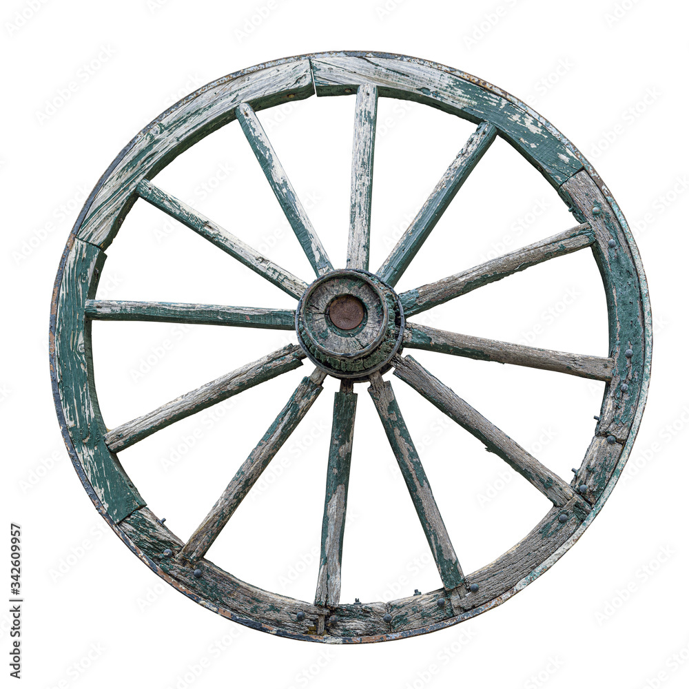 Old wooden wheel from a cart. Isolated on white Old wooden wheel from a cart. Isolated on white